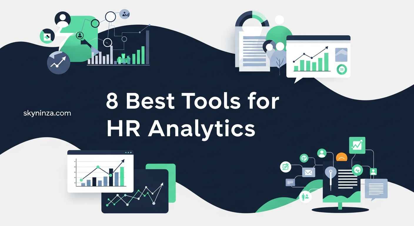 Illustration representing HR analytics tools, featuring charts, graphs, and digital interface elements, with the title "8 Best Tools for HR Analytics" and the domain name skyninza.com