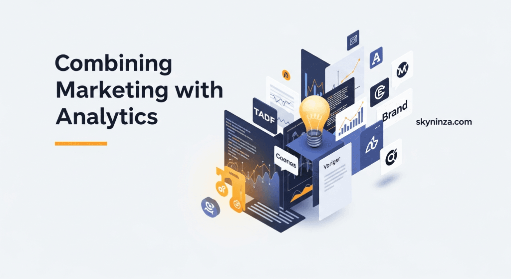 A digital illustration featuring the text "Combining Marketing with Analytics" on the left and "skyninza.com" on the right. The right side of the image displays various floating charts, graphs, icons, and brand-related elements, all centered around a glowing light bulb symbolizing ideas and innovation. The overall design visually represents the integration of marketing strategies with data analytics.