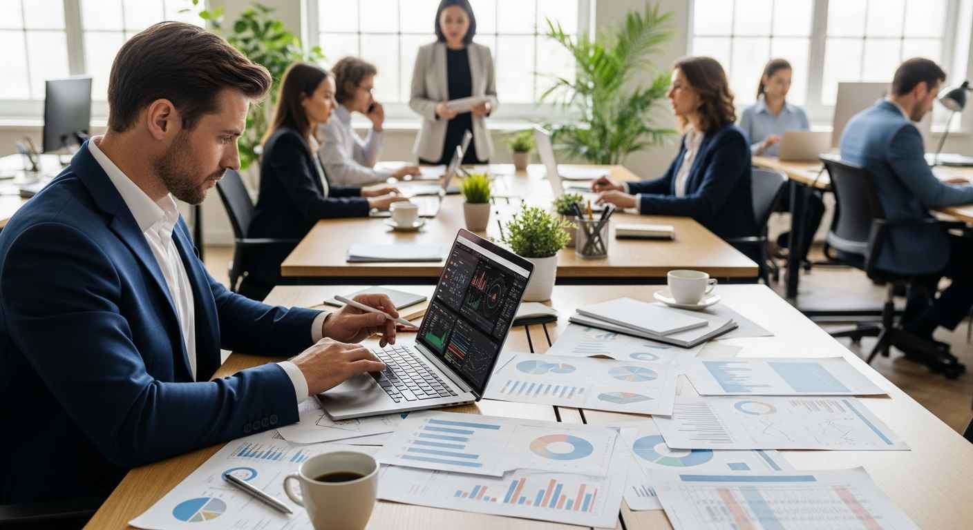 Business professionals working in a modern office, with a man analyzing data charts on a laptop and papers with graphs spread across the desk.