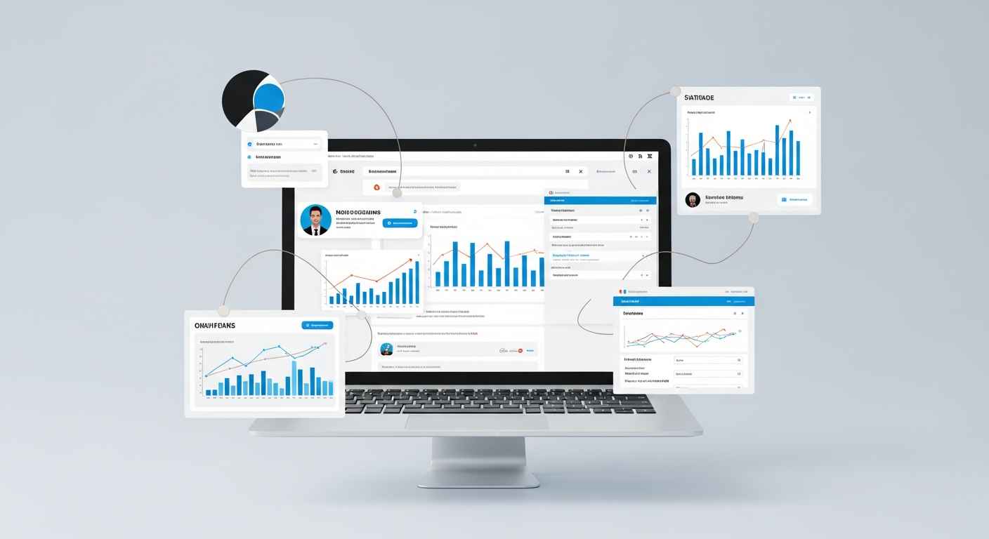 A computer monitor displaying a digital dashboard with multiple interconnected data charts, graphs, and user profile widgets floating around it. The charts feature blue bar graphs and line graphs, signifying data analysis and business analytics.
