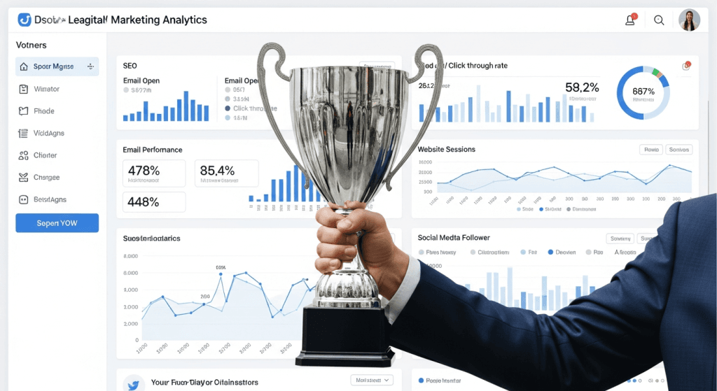 Person holding a trophy in front of a dashboard, representing Best Marketing Analytics Tools That Are Changing the Market.