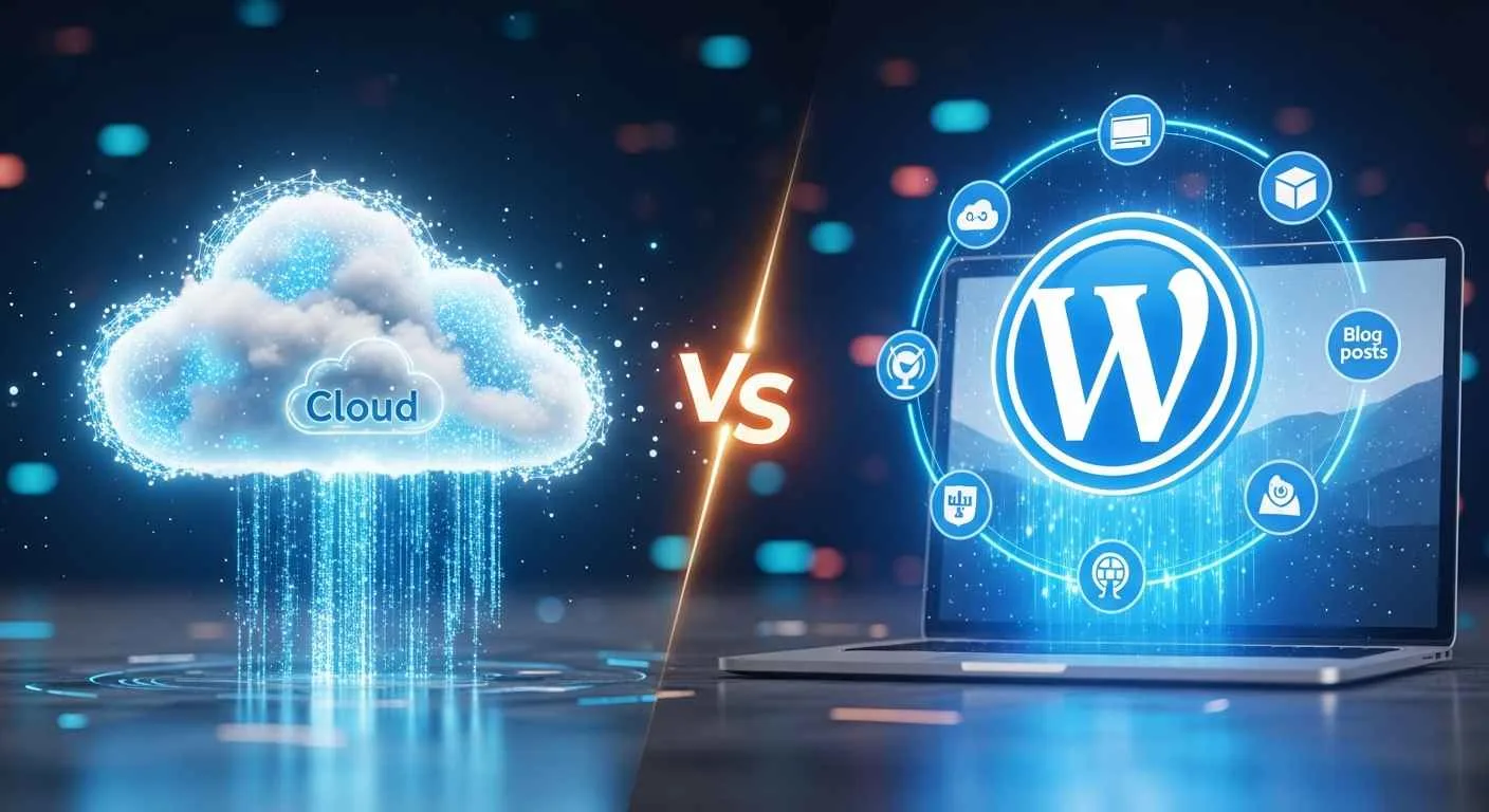 Cloud hosting vs WordPress hosting digital comparison with glowing cloud and WordPress logo.