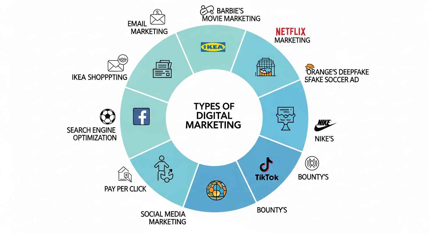 Circular infographic displaying types of digital marketing, with brand logos and icons representing different marketing strategies around a central hub labeled "Types of Digital Marketing."