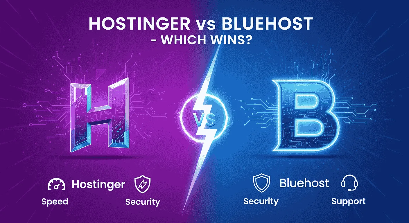 Hostinger vs Bluehost comparison image with split purple and blue backgrounds, digital "H" and "B" mascots, a lightning bolt in the center, and feature icons for speed, security, and support.