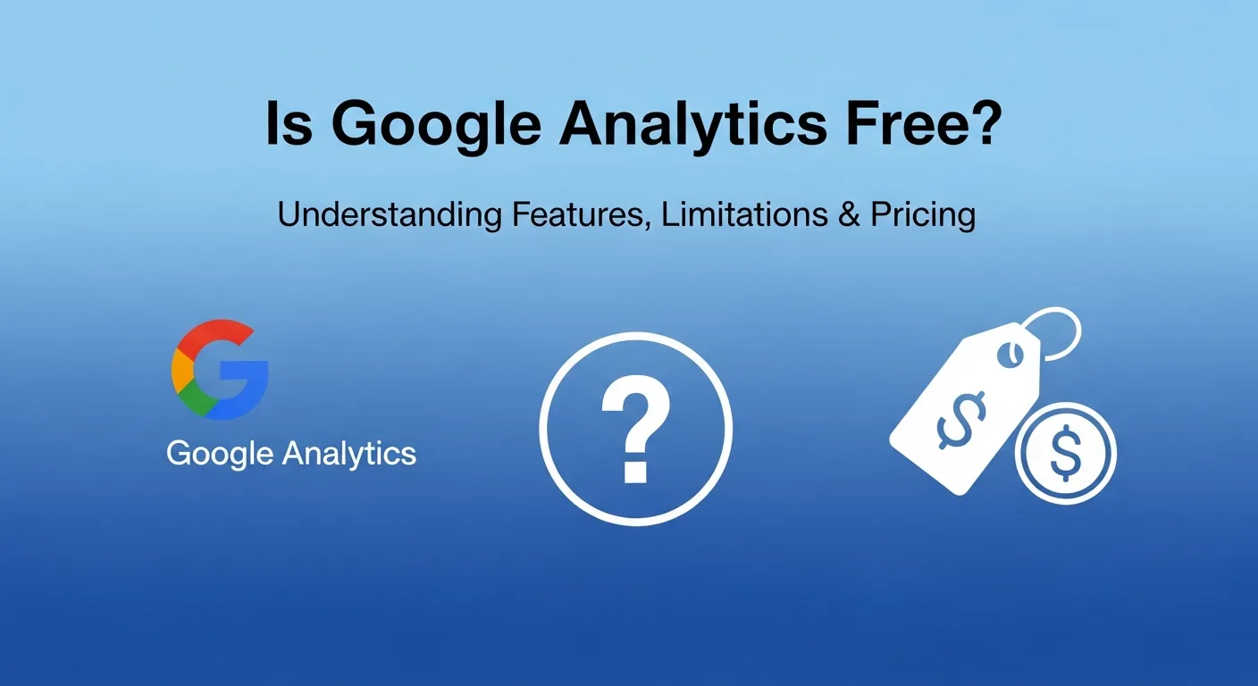 "Is Google Analytics Free? title with Google Analytics logo, question mark, and price tag icons on a blue gradient background."
