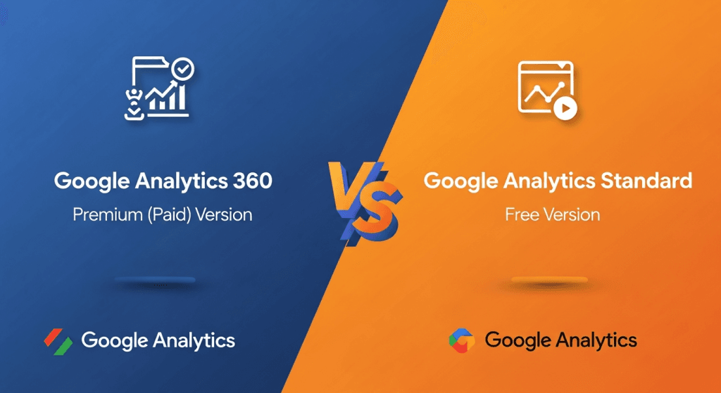 "Google Analytics 360 vs Google Analytics Standard comparison graphic with blue and orange split background, icons, and logos."