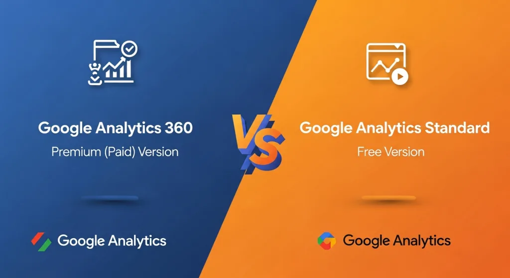 "Google Analytics 360 vs Google Analytics Standard comparison graphic with blue and orange split background, icons, and logos."