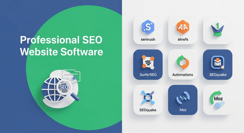 Professional SEO Website Software icons and tools displayed in a modern grid layout.