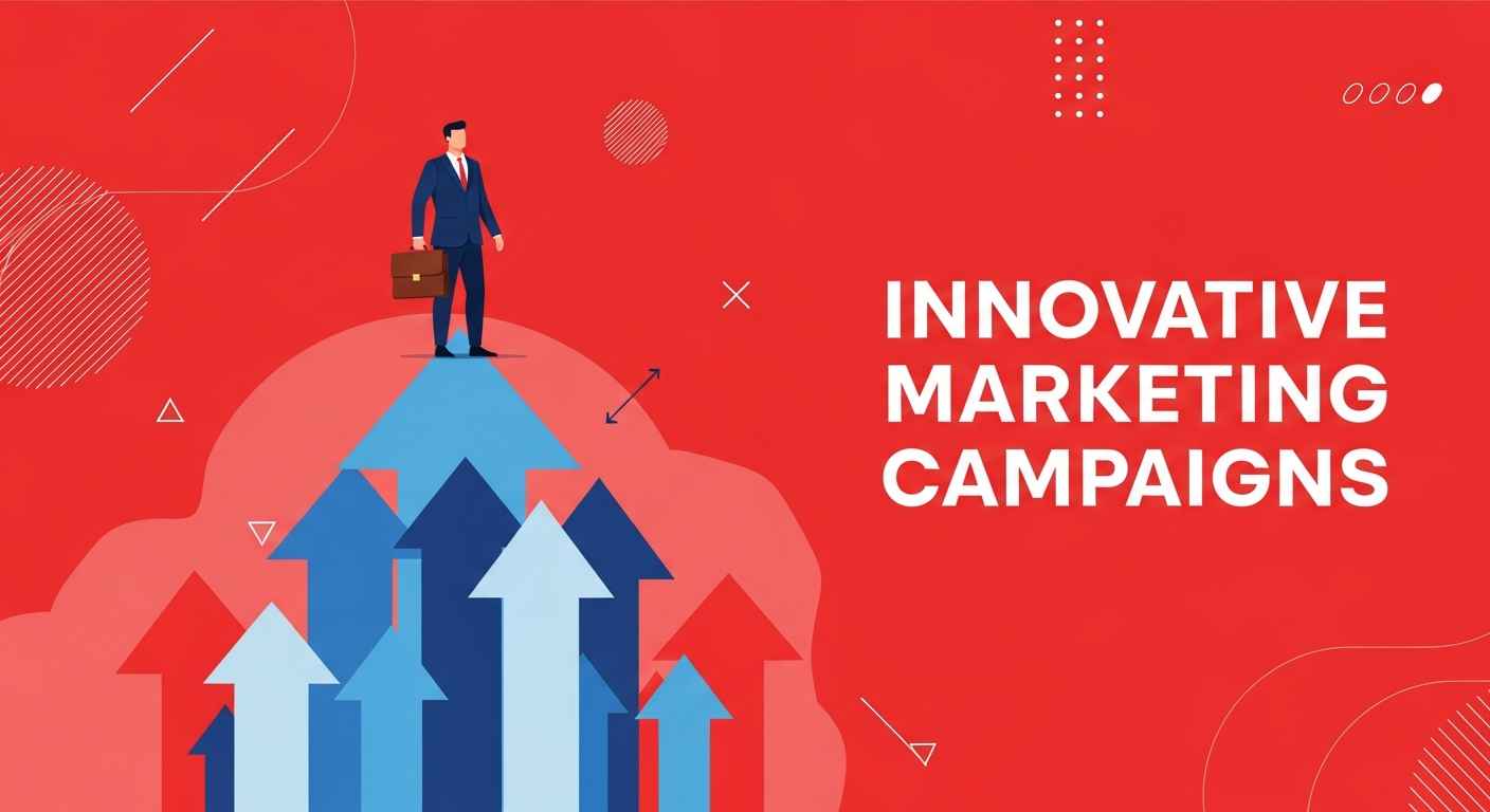 Businessman standing on top of blue arrows pointing upward, with the words "INNOVATIVE MARKETING CAMPAIGNS" in bold white text on a red background.