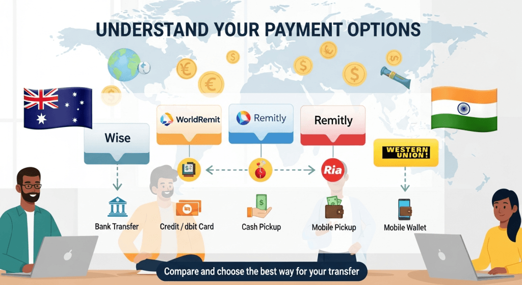 Payment options for sending money from Australia to India using Wise, WorldRemit, Remitly, Ria, and Western Union.