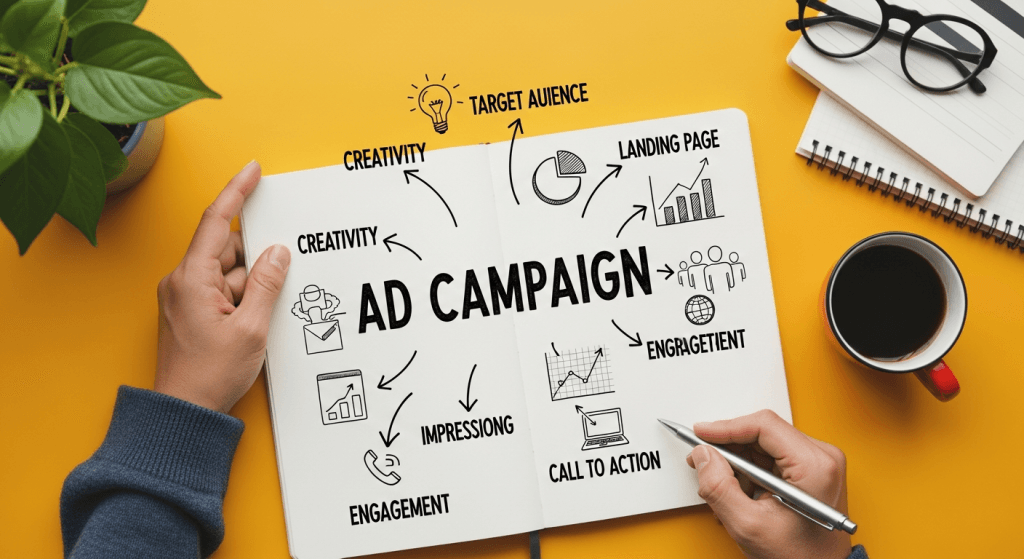 Hands planning purpose driven marketing campaigns in a notebook.
